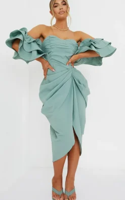 Sage Green Bardot Frill Sleeve Draped Midi Dress