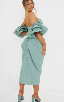 Sage Green Bardot Frill Sleeve Draped Midi Dress