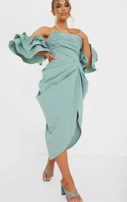 Sage Green Bardot Frill Sleeve Draped Midi Dress