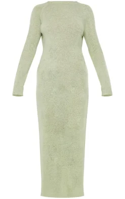 Sage Green Bobble Knit Long Sleeve Maxi Dress