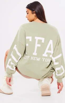 Sage Green Buffalo N.Y Printed Graphic Sweatshirt Dress