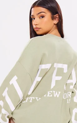 Sage Green Buffalo N.Y Printed Graphic Sweatshirt Dress