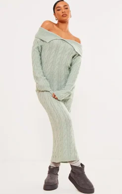 Sage Green Cable Fold Over Maxi Knit Dress