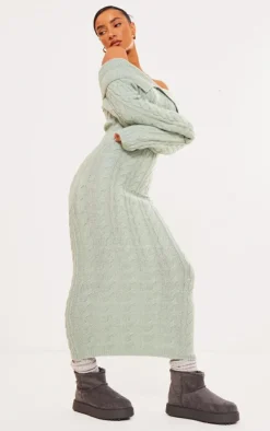 Sage Green Cable Fold Over Maxi Knit Dress