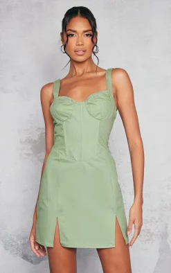 Sage Green Cargo Contrast Stitch Corset Detail Bodycon Dress