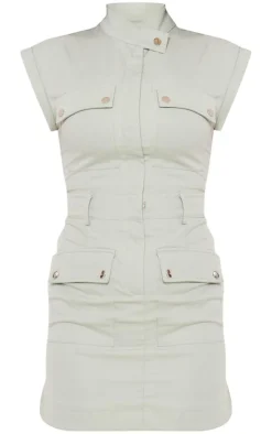 Sage Green Cargo Sleeveless Pocket Detail Bodycon Dress