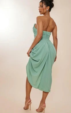 Sage Green Chiffon Corset Bandeau Draped Midi Dress