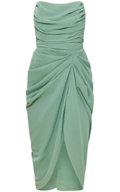 Sage Green Chiffon Corset Bandeau Draped Midi Dress