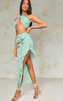 Sage Green Chiffon Cut Out Rose Applique Drape Maxi Dress
