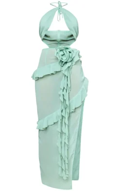 Sage Green Chiffon Cut Out Rose Applique Drape Maxi Dress