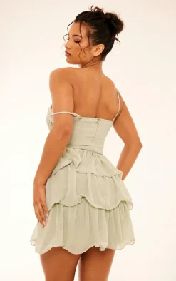 Sage Green Chiffon Pleat Cup Detail Frill Shift Dress