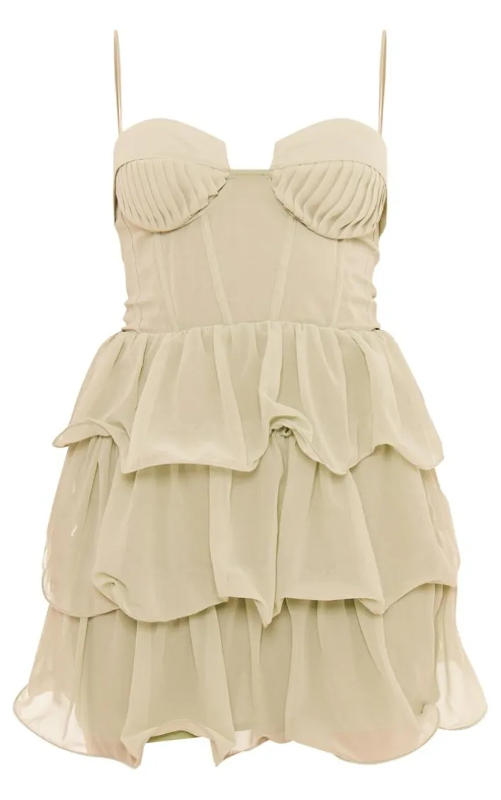 Sage Green Chiffon Pleat Cup Detail Frill Shift Dress