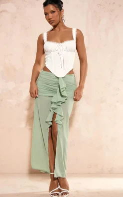 Sage Green Chiffon Ruffle Front Maxi Skirt