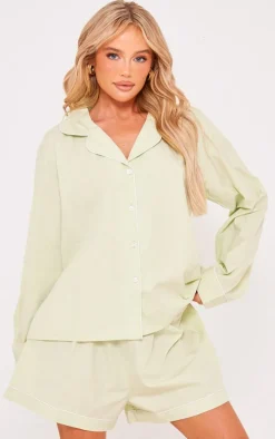Sage Green Cotton Poplin Piping Long Sleeve Shirt And Short PJ Set