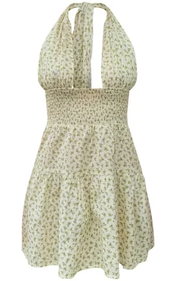 Sage Green Ditsy Floral Shirred Cross Halterneck Shift Dress