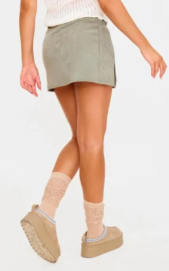 Sage Green Faux Suede Split Hem A Line Mini Skirt