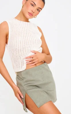 Sage Green Faux Suede Split Hem A Line Mini Skirt