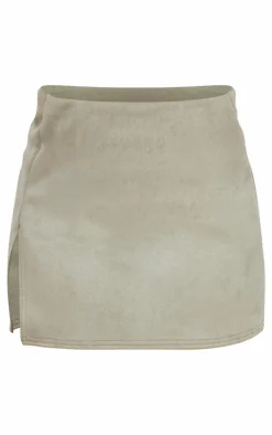 Sage Green Faux Suede Split Hem A Line Mini Skirt