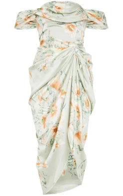 Sage Green Floral Print Satin Draped Bardot Midi Dress