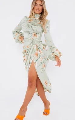 Sage Green Floral Twist Bust Draped Midi Dress
