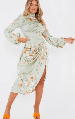 Sage Green Floral Twist Bust Draped Midi Dress