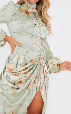 Sage Green Floral Twist Bust Draped Midi Dress