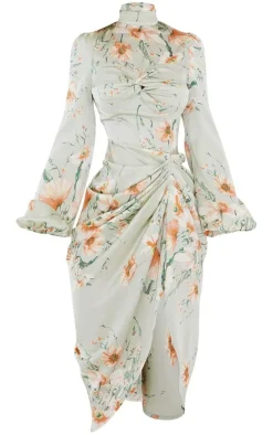 Sage Green Floral Twist Bust Draped Midi Dress