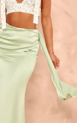 Sage Green Heavy Satin Knot Front Maxi Skirt