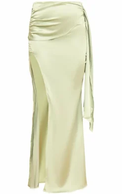 Sage Green Heavy Satin Knot Front Maxi Skirt