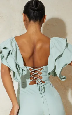 Sage Green Lace Back Frill Sleeve Jumpsuit
