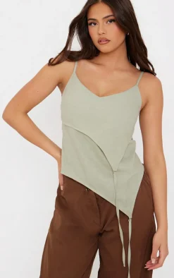 Sage Green Linen Asymmetric Strappy Detail Cami Top