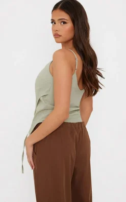 Sage Green Linen Asymmetric Strappy Detail Cami Top