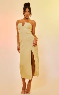 Sage Green Linen Look Bandeau Cup Detail Midi Dress