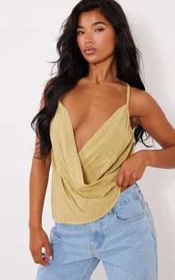 Sage Green Linen Look Cowl Drape Cami Long Top