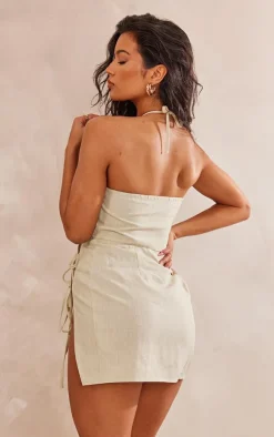 Sage Green Linen Look Halterneck Tie Detail Corset Bodycon Dress