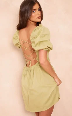Sage Green Linen Look Lace Up Back Bodycon Dress