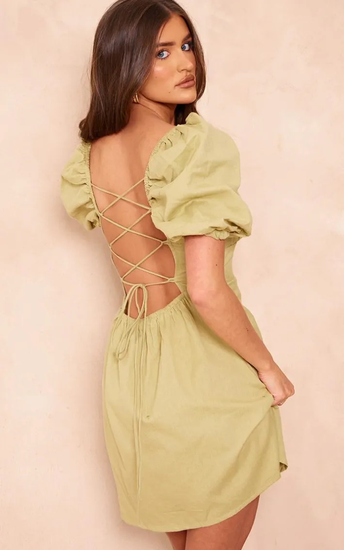 Sage Green Linen Look Lace Up Back Bodycon Dress