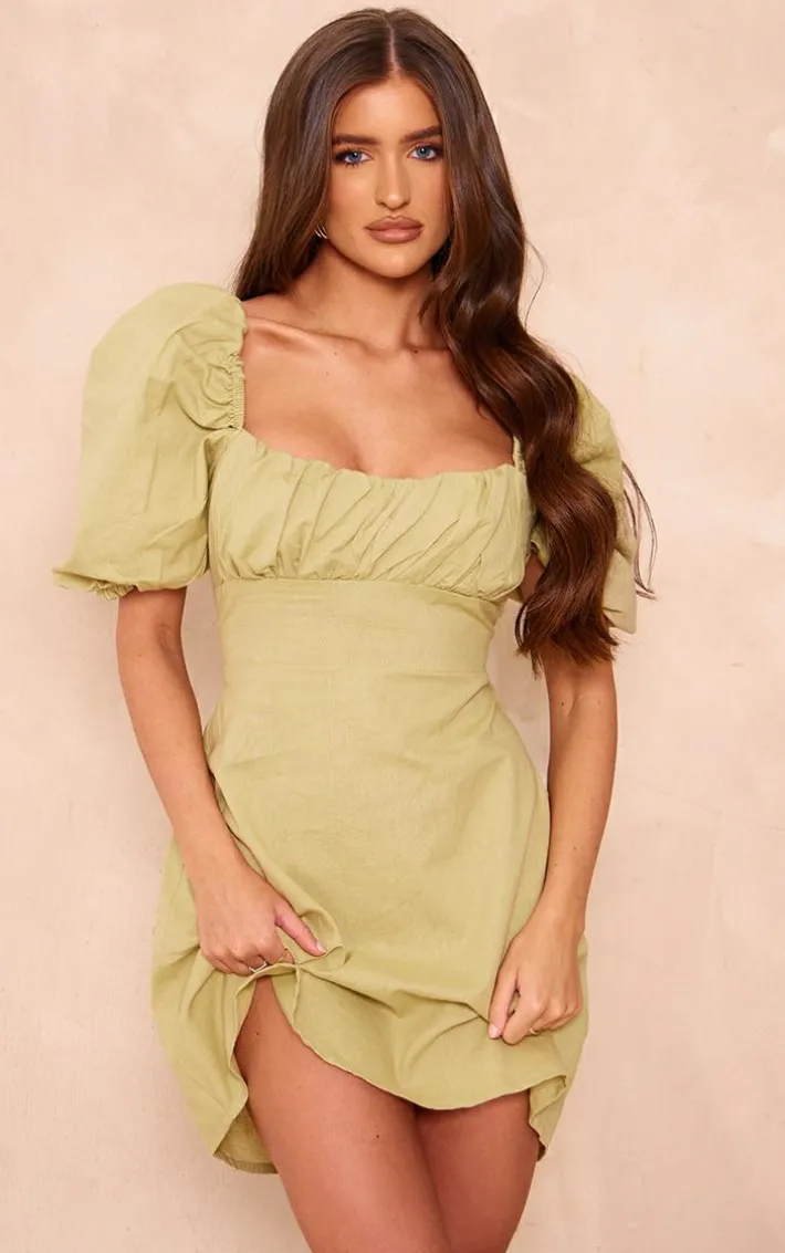Sage Green Linen Look Lace Up Back Bodycon Dress