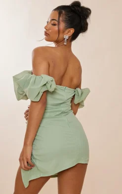 Sage Green Mesh Puff Detail Corset Bodycon Dress