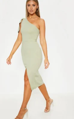 Sage Green One Shoulder Bow Detail Midi Dress