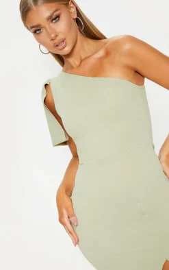 Sage Green One Shoulder Bow Detail Midi Dress