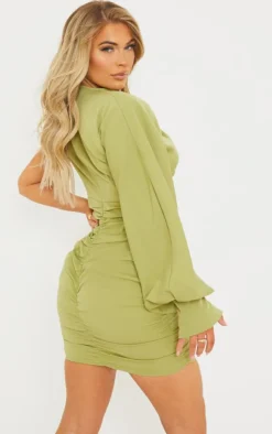 Sage Green One Sleeve Ruched Woven Bodycon Dress