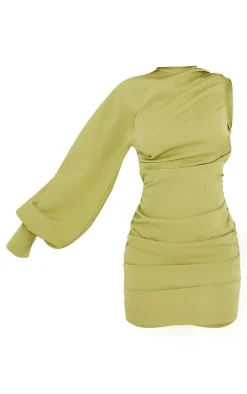 Sage Green One Sleeve Ruched Woven Bodycon Dress