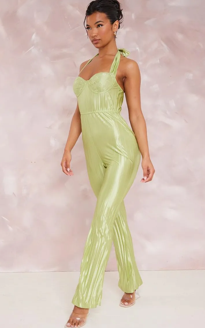 Sage Green Plisse Lace Cup Underwired Halter Tie Jumpsuit