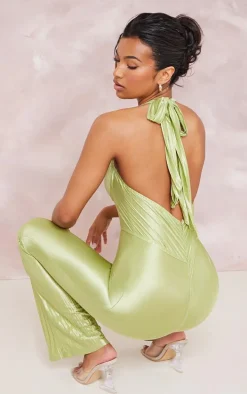 Sage Green Plisse Lace Cup Underwired Halter Tie Jumpsuit