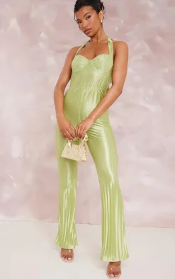 Sage Green Plisse Lace Cup Underwired Halter Tie Jumpsuit