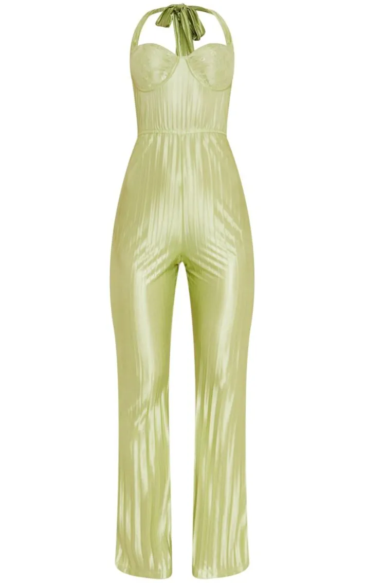 Sage Green Plisse Lace Cup Underwired Halter Tie Jumpsuit