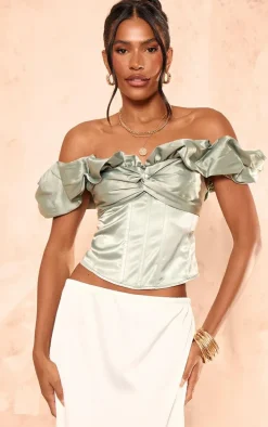 Sage Green Premium Satin Ruffle Boned Corset