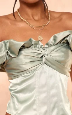 Sage Green Premium Satin Ruffle Boned Corset