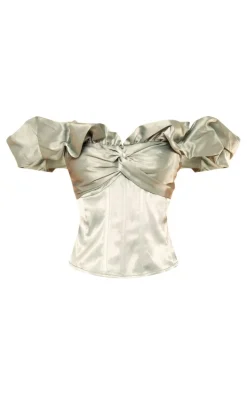 Sage Green Premium Satin Ruffle Boned Corset